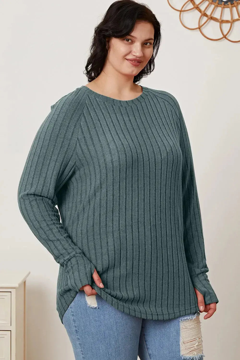 Basic Bae Full Size Ribbed Thumbhole Sleeve T-Shirt - Love Salve